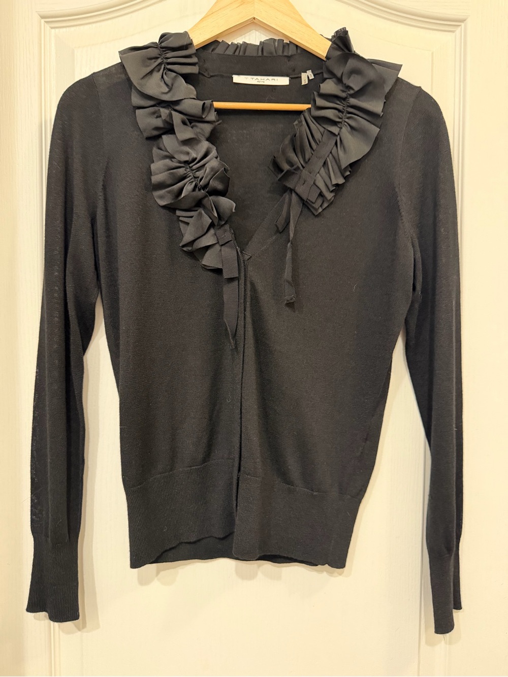 T Tahari Petite SP Black Ruffle Collar Zip Front Cardigan Sweater
